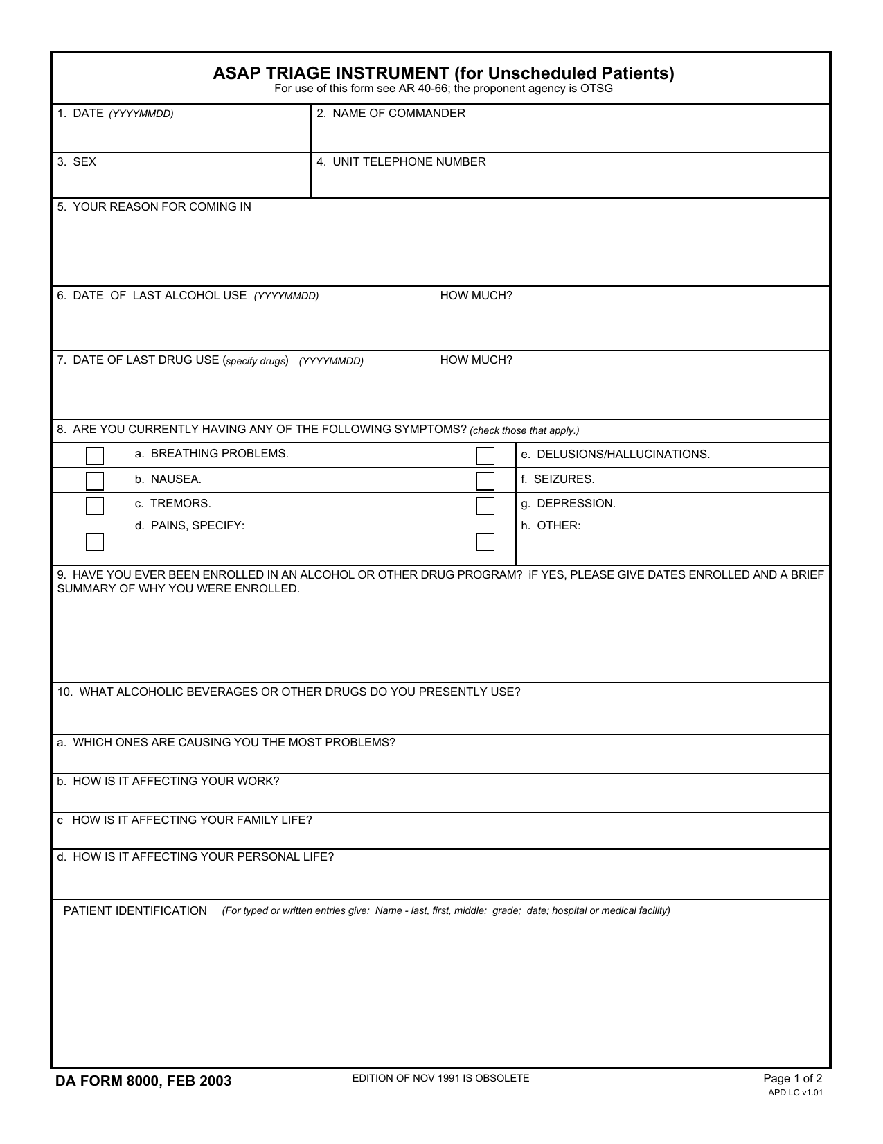 DA Form 8000 form preview