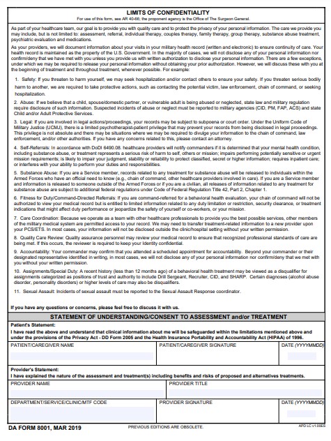DA Form 8001 form preview
