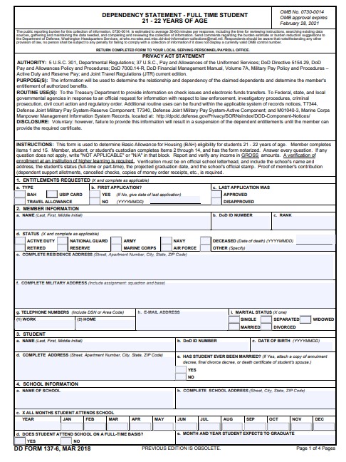 DD Form 137-6 form preview