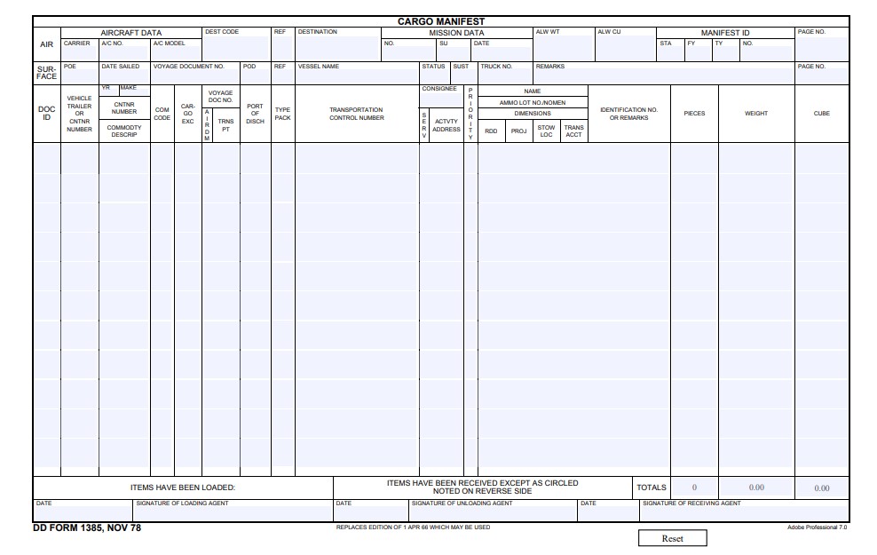 DD Form 1385 form preview