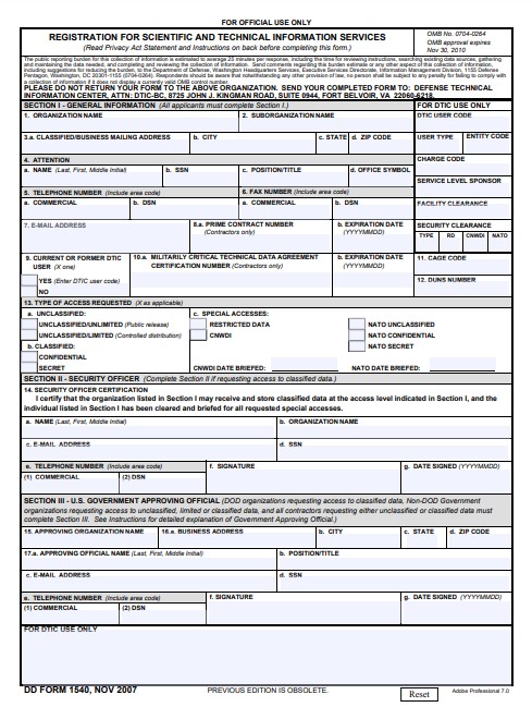DD Form 1540 form preview