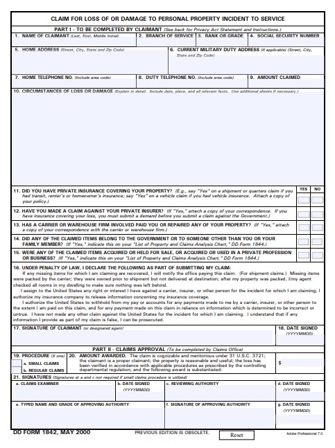DD Form 1842 form preview