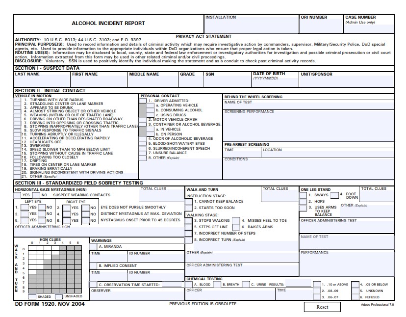 DD Form 1920 form preview
