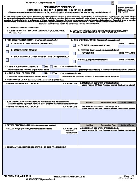 DD Form 254 form preview