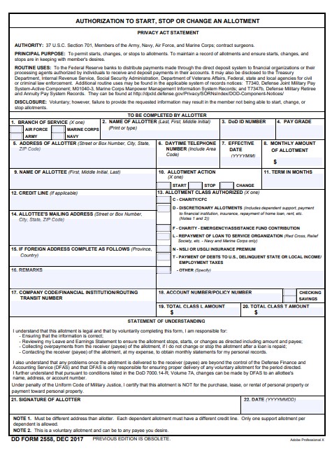 DD Form 2558 form preview