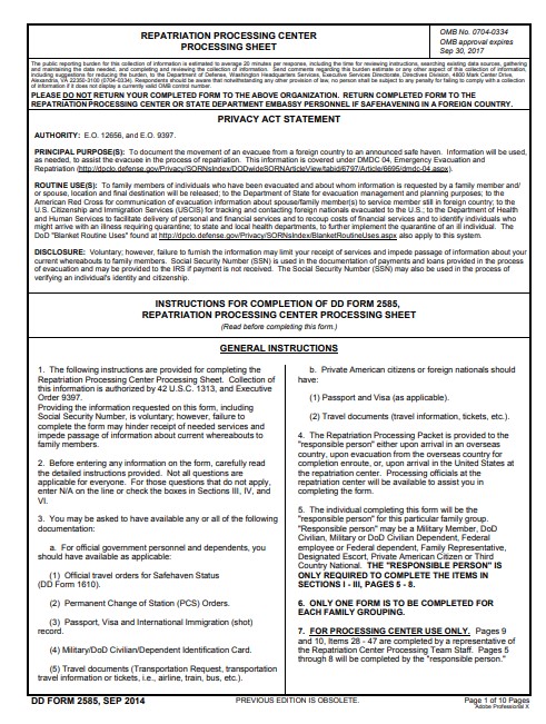 DD Form 2585 form preview