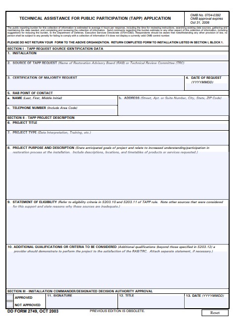 DD Form 2749 form preview