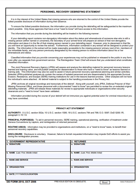 DD Form 2810 form preview