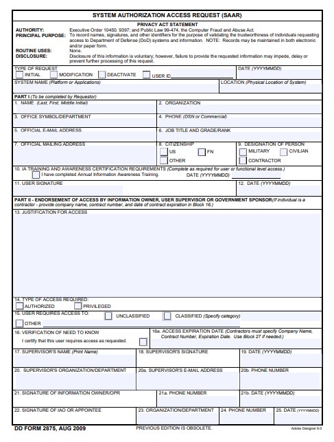 DD Form 2875 form preview