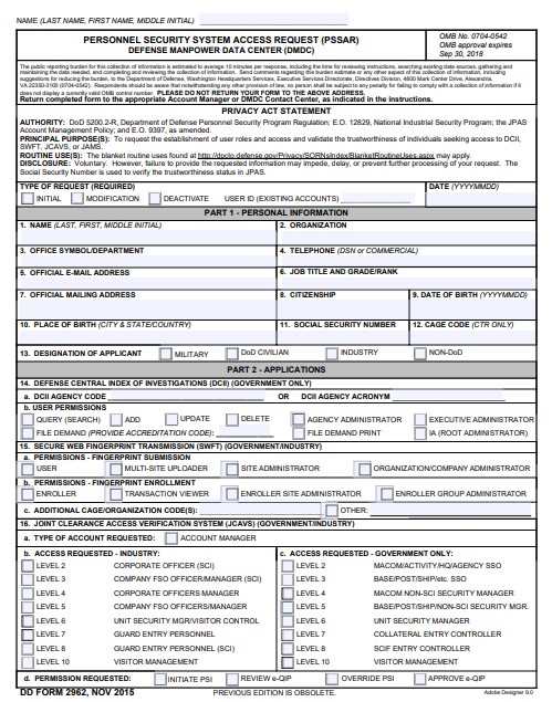 DD Form 2962 form preview