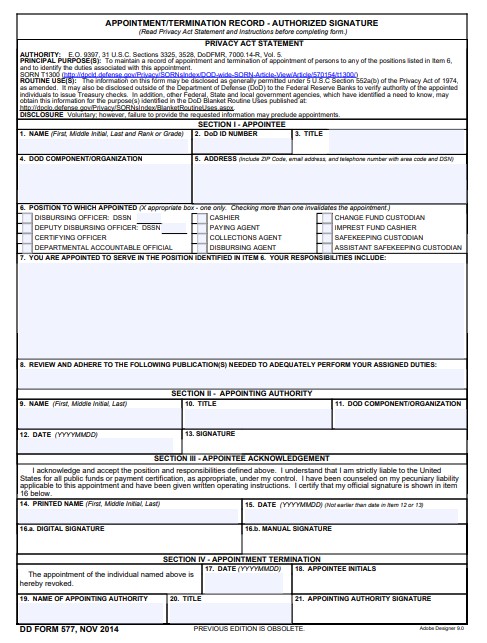 DD Form 577 form preview