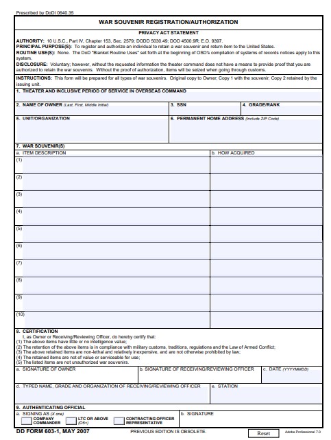 DD Form 603-1 form preview