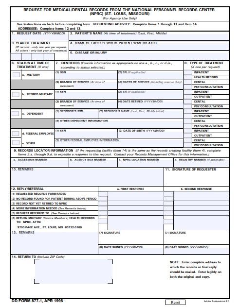 DD Form 877-1 form preview